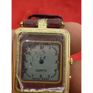 Marcel Digital Wristwatch Gold Tone Maroon Leather Band For Parts Not Working